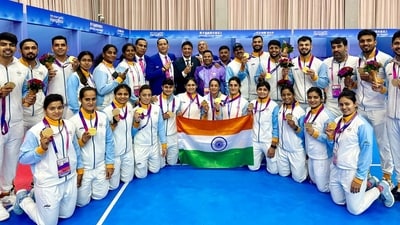 Indian men's kabaddi team and women's kabaddi team pose for photos at the 19th Asian Games in Hangzhou (PTI) Indian men's kabaddi team and women's kabaddi team pose for photos at the 19th Asian Games in Hangzhou (PTI)