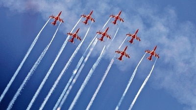 The Surya Kiran aerobatic team of the Indian Air Force displaying flares during the air exhibition at Bathinda Air Force Station, (Photo by Sanjeev Kumar/Hindustan Times) The Surya Kiran aerobatic team of the Indian Air Force displaying flares during the air exhibition at Bathinda Air Force Station, (Photo by Sanjeev Kumar/Hindustan Times)
