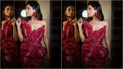 Assisted by celebrity fashion stylist Manisha Melwani, Shehnaaz styled her look with matching flower-shaped statement earrings, a matching ring on her finger and a pair of stiletto heels. (Instagram/@shehnaazgill) Assisted by celebrity fashion stylist Manisha Melwani, Shehnaaz styled her look with matching flower-shaped statement earrings, a matching ring on her finger and a pair of stiletto heels. (Instagram/@shehnaazgill)