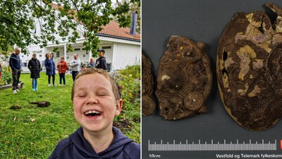 The image shows the family in Norway and the relics they found. (Facebook/@Kulturarv i Vestfold og Telemark fylkeskommune) The image shows the family in Norway and the relics they found. (Facebook/@Kulturarv i Vestfold og Telemark fylkeskommune)