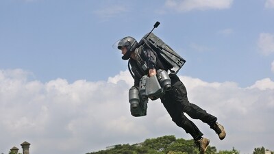 Kochi: The Jet Suit demonstration as part of the cyber conference, in Kochi, Friday. (PTI) Kochi: The Jet Suit demonstration as part of the cyber conference, in Kochi, Friday. (PTI)