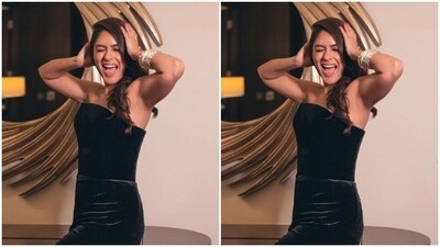 In multiple silver bangles in one hand from the house of Shoplune, Mrunal perfectly acessorised her look. "The series of emotions I feel when I wear black," Mrunal captioned her pictures.&nbsp; (Instagram/@mrunalthakur)