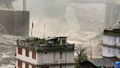 A view of the damaged Sikkim Urja, the state's biggest hydro power project, after flash floods on the Teesta river on October 4 washed away the dam and the bridge connecting the powerhouse. (Twitter photo) A view of the damaged Sikkim Urja, the state's biggest hydro power project, after flash floods on the Teesta river on October 4 washed away the dam and the bridge connecting the powerhouse. (Twitter photo)
