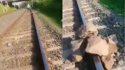 The railway staff discovered boulders obstructing the tracks at five different locations, prompting immediate action to remove them. (PTI) The railway staff discovered boulders obstructing the tracks at five different locations, prompting immediate action to remove them. (PTI)