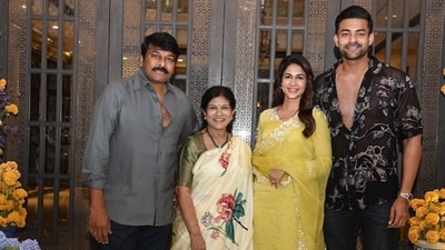 Chiranjeevi shares pics from Varun Tej and Lavanya Tripathi's bash. Chiranjeevi shares pics from Varun Tej and Lavanya Tripathi's bash.