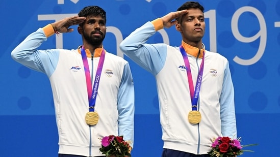 Satwiksairaj Rankireddy and Chirag Shetty won India's first-ever badminton gold medal at the Asian Games(AFP)