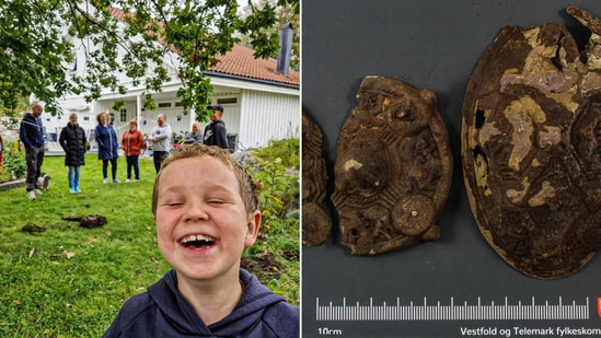 The image shows the family in Norway and the relics they found. (Facebook/@Kulturarv i Vestfold og Telemark fylkeskommune)