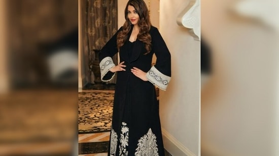 Aishwarya Rai Bachchan wore a long dress paired with a matching jacket featuring flowing sleeves as part of her ensemble.&nbsp;(Instagram/@manishmalhotra05)