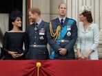 FILE - BFrom left, Meghan the Duchess of Sussex, Prince Harry, Prince William and Kate the Duchess of Cambridge watch a flypast of Royal Air Force aircraft pass over Buckingham Palace in London, 