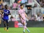 Inter Miami CF forward Lionel Messi (10) gestures against FC Cincinnati during the second half at DRV PNK Stadium