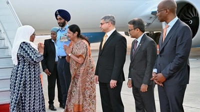 Tanzanian President Samia Suluhu Hassan being welcomed on her arrival, in New Delhi on Sunday (ANI)