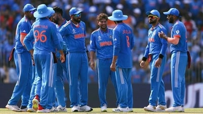 India team celebrate after dismissing an Australian batter in the ICC Men's World Cup 2023 held at at MA Chidambaram Stadium in Chennai (Sachin Tendulkar Twitter)