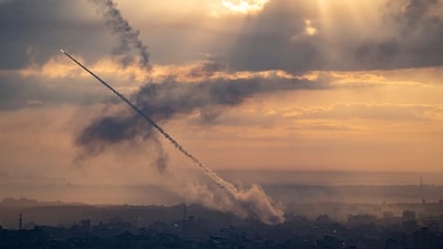 Rockets are fired toward Israel from Gaza, Saturday, Oct. 7, 2023. (AP/PTI) (AP) Rockets are fired toward Israel from Gaza, Saturday, Oct. 7, 2023. (AP/PTI) (AP)