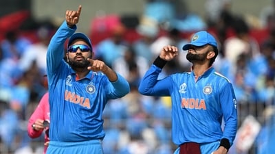 Rohit Sharma (L) and Virat Kohli gesture during the 2023 ICC Men's Cricket World Cup one-day international (ODI) match between India and Australia. (AFP) Rohit Sharma (L) and Virat Kohli gesture during the 2023 ICC Men's Cricket World Cup one-day international (ODI) match between India and Australia. (AFP)