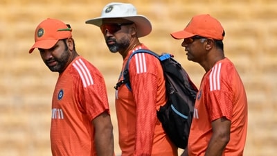 India's captain Rohit Sharma (L), India's head coach Rahul Dravid (R) and bowling coach Paras Mhambrey arrive for a practice session at the MA Chidambaram Stadium in Chennai (AFP) India's captain Rohit Sharma (L), India's head coach Rahul Dravid (R) and bowling coach Paras Mhambrey arrive for a practice session at the MA Chidambaram Stadium in Chennai (AFP)