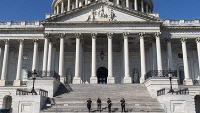 US Capitol Police officers at the US Capitol in Washington, DC, US, on Monday, Oct. 2, 2023. Representative Matt Gaetz, a Republican from Florida, said on Sunday he'll file a motion to vacate the chair this week, seizing on a parliamentary process that has not resulted in a speaker removal vote since 1910. (Bloomberg) US Capitol Police officers at the US Capitol in Washington, DC, US, on Monday, Oct. 2, 2023. Representative Matt Gaetz, a Republican from Florida, said on Sunday he'll file a motion to vacate the chair this week, seizing on a parliamentary process that has not resulted in a speaker removal vote since 1910. (Bloomberg)