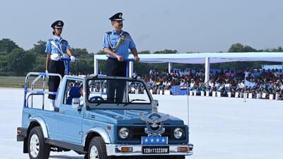 IAF chief Air Chief Marshal Vivek Ram Chaudhari inspecting the Air Dorce Day parade at Air Force Station-Bamrauli in Prayagraj on Sunday (Anil Kumar Maurya/HT Photo)