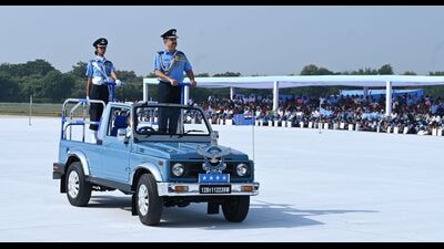 IAF chief Air Chief Marshal Vivek Ram Chaudhari inspecting the Air Force Day parade at Air Force Station-Bamrauli in Prayagraj on Sunday. (Anil Kumar Maurya/HT) IAF chief Air Chief Marshal Vivek Ram Chaudhari inspecting the Air Force Day parade at Air Force Station-Bamrauli in Prayagraj on Sunday. (Anil Kumar Maurya/HT)