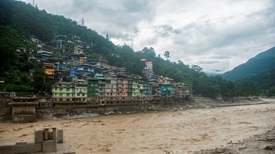 Remains of the bridge connecting Adarsh gaon with Singtam along the bank of Teesta River at Singtam in Sikkim (REUTERS)
