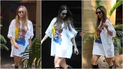 Malaika Arora keeps her Sunday style comfy and chic in an oversized T-shirt dress and boots. (Instagram/@varinderchawla) Malaika Arora keeps her Sunday style comfy and chic in an oversized T-shirt dress and boots. (Instagram/@varinderchawla)