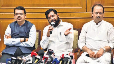Mumbai, India – Sept 04, 2023: Maharashtra Chief Minister Eknath Shinde with Deputy Chief Ministers Devendra Fadnavis and Ajit Pawar address a press conference after a meeting on the Maratha reservation, at Sahyadri Guest House, in Mumbai, India, on Monday, Sept 04, 2023. (Photo by Bhushan Koyande/HT Photo) Mumbai, India – Sept 04, 2023: Maharashtra Chief Minister Eknath Shinde with Deputy Chief Ministers Devendra Fadnavis and Ajit Pawar address a press conference after a meeting on the Maratha reservation, at Sahyadri Guest House, in Mumbai, India, on Monday, Sept 04, 2023. (Photo by Bhushan Koyande/HT Photo)