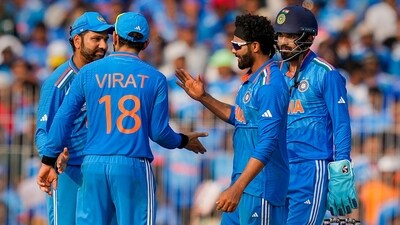 India's Ravindra Jadeja celebrates with teammates the wicket of Australia's batter Alex Carey during the ICC Men's Cricket World Cup match between India and Australia (PTI) India's Ravindra Jadeja celebrates with teammates the wicket of Australia's batter Alex Carey during the ICC Men's Cricket World Cup match between India and Australia (PTI)