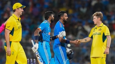 KL Rahul and Hardik Pandya with Adam Zampa at the end of ICC Men's Cricket World Cup match between India and Australia (PTI)