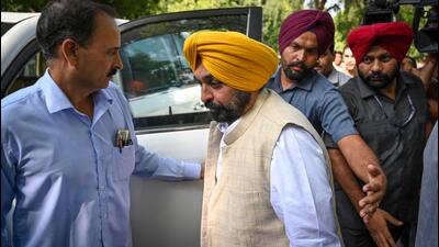 Punjab chief minister Bhagwant Mann outside the residence of AAP MP Sanjay Singh, in New Delhi on Sunday. (Sanchit Khanna/HT) Punjab chief minister Bhagwant Mann outside the residence of AAP MP Sanjay Singh, in New Delhi on Sunday. (Sanchit Khanna/HT)