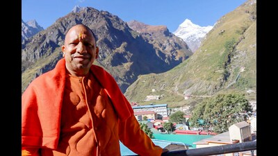 Uttar Pradesh Chief Minister Yogi Adityanath during his visit to Badrinath Temple, in Chamoli on Sunday. (ANI)