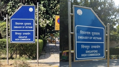 The image shows before and after pics of the signage installed near the high commission in Delhi. (X/@SGinIndia) The image shows before and after pics of the signage installed near the high commission in Delhi. (X/@SGinIndia)