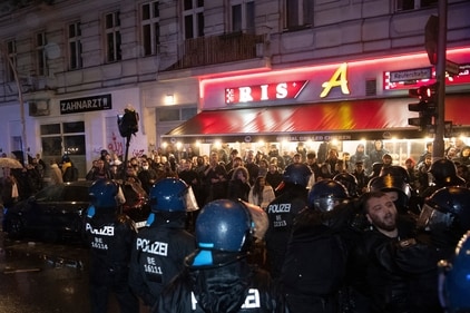 Supporters of the Palestinians and police forces clash in Berlin on October 7. (AP) Supporters of the Palestinians and police forces clash in Berlin on October 7. (AP)