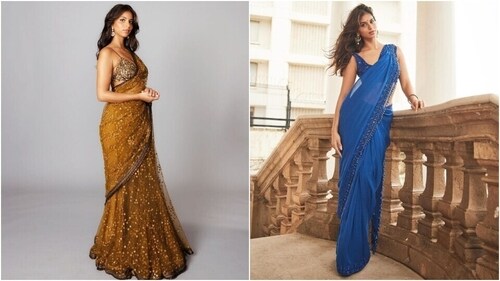 Suhana Khan strikes a pose in two gorgeous sarees. (Instagram) Suhana Khan strikes a pose in two gorgeous sarees. (Instagram)