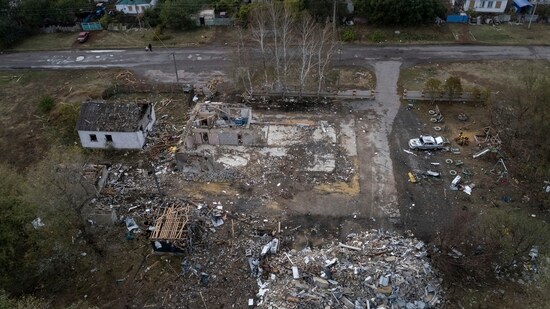 Russia-Ukraine War: A destroyed cafe after a Russian rocket attack in the village of Hroza near Kharkiv, Ukraine. (AP)