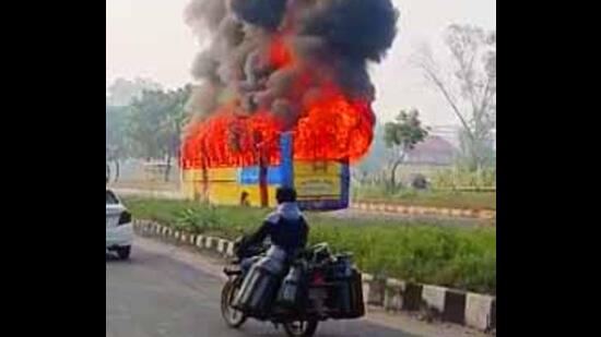 The private “New Punjab” bus was headed towards Fatehgarh Sahib from Jalandhar around 7.30 am when the fire broke out. (HT Photo)