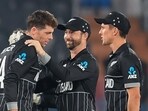 New Zealand's Mitchell Santner (L) celebrates with teammates after taking the wicket of Netherlands' Colin Ackermann New Zealand's Mitchell Santner (L) celebrates with teammates after taking the wicket of Netherlands' Colin Ackermann
