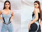 Kriti Sanon attends the trailer launch of Ganpat in a denim bustier, jeans and thigh-high boots. Kriti Sanon attends the trailer launch of Ganpat in a denim bustier, jeans and thigh-high boots.