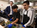 California Gov. Gavin Newsom talks with students in the Career Technical Education Pathways program at River City High School in West Sacramento, Calif., on Thursday, Aug. 31, 2023. (Paul Kitagaki Jr./The Sacramento Bee via AP, Pool) California Gov. Gavin Newsom talks with students in the Career Technical Education Pathways program at River City High School in West Sacramento, Calif., on Thursday, Aug. 31, 2023. (Paul Kitagaki Jr./The Sacramento Bee via AP, Pool)