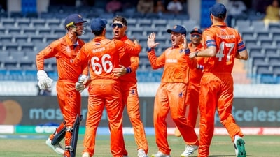 Netherlands' Colin Ackermann celebrates the dismissal of Pakistan's captain Babar Azam during their match in the ICC Men's Cricket World Cup India 2023 (ANI)