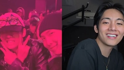 BTS' RM and V at a part (L); V during his live session. BTS' RM and V at a part (L); V during his live session.