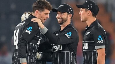 New Zealand's Mitchell Santner (L) celebrates with teammates after taking the wicket of Netherlands' Colin Ackermann (AFP) New Zealand's Mitchell Santner (L) celebrates with teammates after taking the wicket of Netherlands' Colin Ackermann (AFP)