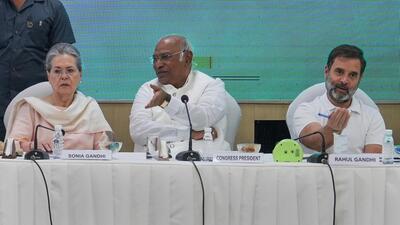 Congress President Mallikarjun Kharge with party leaders Sonia Gandhi and Rahul Gandhi during the Congress Working Committee meeting, in New Delhi (PTI) Congress President Mallikarjun Kharge with party leaders Sonia Gandhi and Rahul Gandhi during the Congress Working Committee meeting, in New Delhi (PTI)