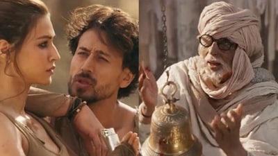 Tiger Shroff, Kriti Sanon and Amitabh Bachchan in stills from Ganapath trailer. Tiger Shroff, Kriti Sanon and Amitabh Bachchan in stills from Ganapath trailer.
