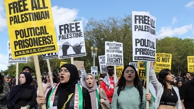 Supporters of the Palestinian people from the Palestinian Youth Movement and other groups demonstrate outside the White House about the conflict between Israel and Hamas, during a protest in Washington, US. (Reuters)