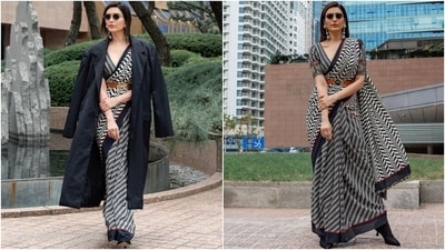 Meanwhile, Karisma accessorised the ensemble with striking pieces, including silver dangling earrings, Lennon-style sunglasses, a statement ring, and heeled black suede boots. Lastly, she chose a dainty red bindi, nude lip shade, blushed cheekbones, dewy base, darkened brows, and side-parted open locks to complete the glam picks. (Instagram) Meanwhile, Karisma accessorised the ensemble with striking pieces, including silver dangling earrings, Lennon-style sunglasses, a statement ring, and heeled black suede boots. Lastly, she chose a dainty red bindi, nude lip shade, blushed cheekbones, dewy base, darkened brows, and side-parted open locks to complete the glam picks. (Instagram)