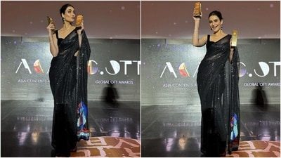 Karishma represented India at the Busan Film Festival in a gorgeous black saree. The six yards feature shimmering sequin embellishments and multi-coloured diamantes embroidered on the pallu. She wore the drape traditionally with the pleats on the front and the pallu falling from the shoulder. A sleeveless bustier blouse with a fitted bust and plunging neckline rounded off the outfit. (Instagram) Karishma represented India at the Busan Film Festival in a gorgeous black saree. The six yards feature shimmering sequin embellishments and multi-coloured diamantes embroidered on the pallu. She wore the drape traditionally with the pleats on the front and the pallu falling from the shoulder. A sleeveless bustier blouse with a fitted bust and plunging neckline rounded off the outfit. (Instagram)