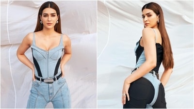 Kriti Sanon attends the trailer launch of Ganpat in a denim bustier, jeans and thigh-high boots. (Instagram) Kriti Sanon attends the trailer launch of Ganpat in a denim bustier, jeans and thigh-high boots. (Instagram)
