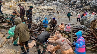 Chief Minister Prem Singh Tamang held a review meeting with Chief Secretary VB Pathak, Chief of Army Staff General Manoj Pande, who has reached Gangtok, and other officials for coordinated relief and rescue operations along with armed forces. (PTI) Chief Minister Prem Singh Tamang held a review meeting with Chief Secretary VB Pathak, Chief of Army Staff General Manoj Pande, who has reached Gangtok, and other officials for coordinated relief and rescue operations along with armed forces. (PTI)