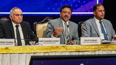 Chief Election Commissioner Rajiv Kumar with Election Commissioners Anup Chandra Pandey and Arun Goel (PTI) Chief Election Commissioner Rajiv Kumar with Election Commissioners Anup Chandra Pandey and Arun Goel (PTI)