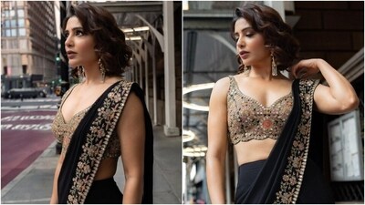 Samantha Prabhu earlier travelled to New York City and attended the 41st India Day parade in a breathtaking black embellished saree by Arpita Mehta.&nbsp; (Instagram/@samantharuthprabhu)