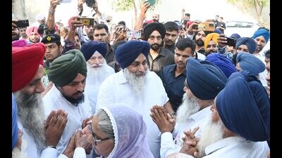 Shiromani Akali Dal (SAD) president Sukhbir Singh Badal during a party meeting at Dharamkot in Moga district. Shiromani Akali Dal (SAD) president Sukhbir Singh Badal during a party meeting at Dharamkot in Moga district.